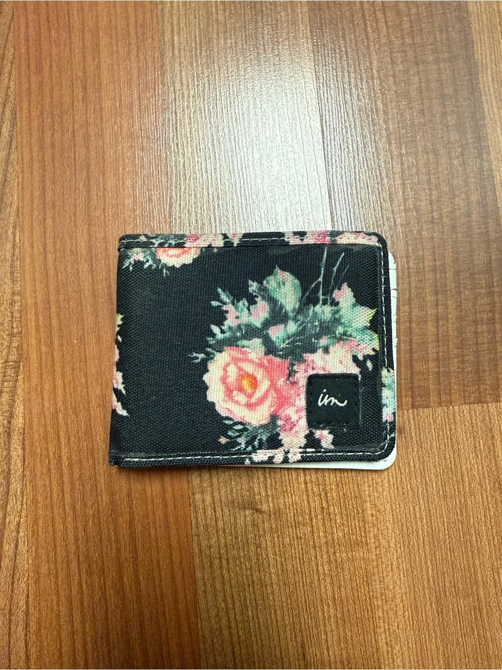 Imperial Motion Black Floral Bifold Wallet with Pink Rose